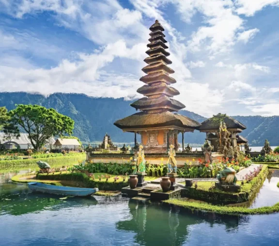 Island temple with layered thatched roof